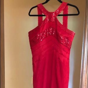 Full length red evening gown